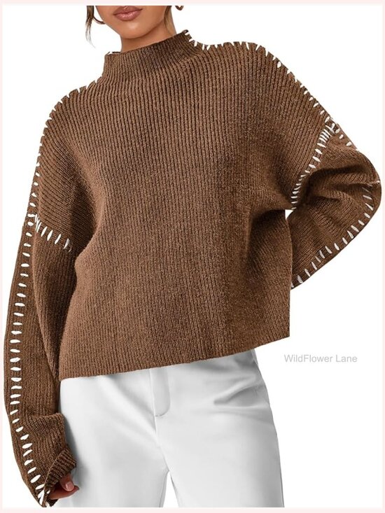 Sweaters - Chunky Knit Mock Neck Oversized Pullover Sweater - Relaxed Fit